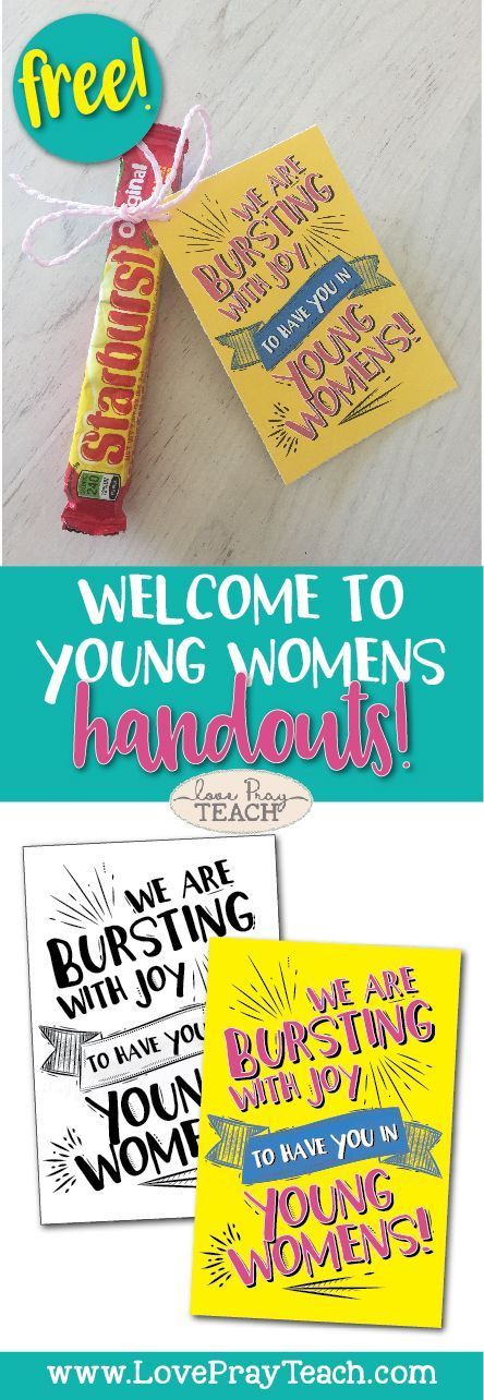 Welcome to Young Womens Free Printable handout and treat idea! Welcome your incoming Beehives to Young Womens with this adorable and fun handout and a bag of Starburst! www.LovePrayTeach.com Lds Young Women Activities, Yw Activity Ideas, Yw Handouts, Young Women Lesson Helps, Gifts For Young Women, Yw Lesson, Lds Yw, Activity Day Girls, Yw Activities