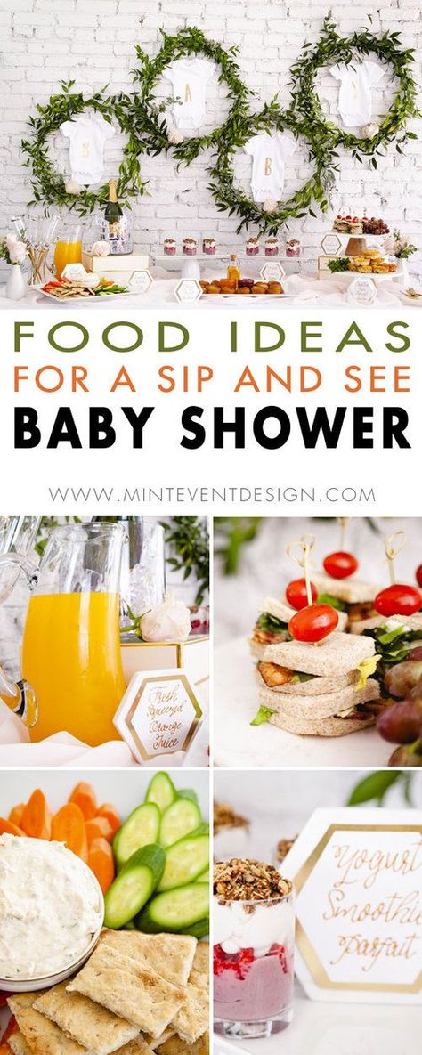 Sharing the cutest food ideas for a sip and see baby shower. Come see how to host a sip and see and even create the most eye-catching DIY party backdrop for the food table with faux greenery and baby onesies. See all the sip and see party details on Mint Event Design www.minteventdesign.com #babyshower #babyshowerideas #sipandsee #babyshowerfood #partyfood #partyfoodideas Sip And See Menu Food Ideas, Sip And See Shower Ideas, Sip And See Drink Ideas, Sip & See Party Ideas, Sip And See Food Ideas, Meet The Baby Shower Ideas, Baby Sip And See Ideas, Sip N See Party Ideas, Sip And See Baby Shower Ideas