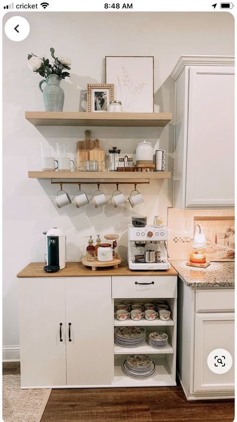 Coffee Nook With Window, Coffee And Tea Area In Kitchen, Scandi Coffee Bar, Coffee Zone Ideas, Coffee Bar Behind Dining Table, Coffee Shop Shelf Decor, Drink And Coffee Station, Cozy Chic Kitchen, Coffee Bar Kitchen Counter Ideas