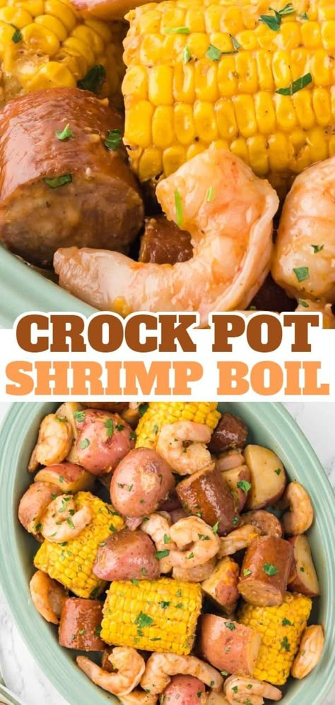 Crock Pot Shrimp Boil is a hearty slow cooker dish loaded with baby red potatoes, corn on the cob, smoked sausage and shrimp. Crockpot Boil, Kielbasa And Shrimp Recipes, Crockpot Recipes Shrimp, Crockpot Shrimp Boil, Smoked Sausage And Shrimp, Crock Pot Shrimp, Crockpot Sausage And Potatoes, Sausage Crockpot Recipes, Beef Stew Crock