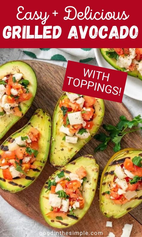 Grilled avocado BBQ side dish with toppings. Avocado Side Dish, Grilled Avocados, Grilled Avacacado Recipes, Grilled Avocado Recipes, Avacacado Recipes, Grill Avocado, Grilled Avocado Salad, Grilled Cheese With Avocado, Healthy Bbq Side Dishes