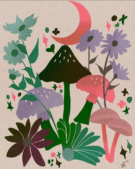 Procreate Flowers, Flowers And Mushrooms, Cat Coquillette, Print Inspiration, Learn How To Draw, Painted Stones, Funky Art, Flower Drawing, Retro Inspired