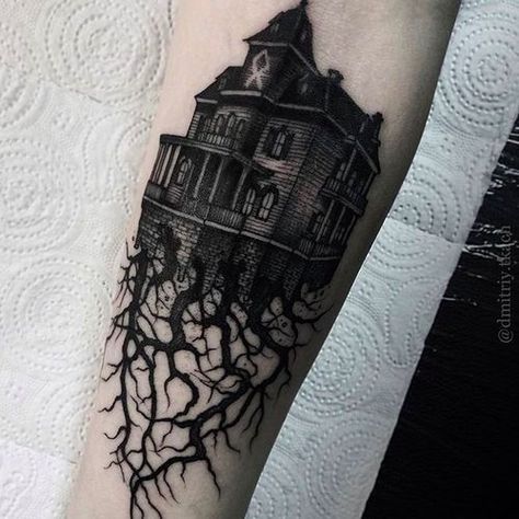 Haunted House Tattoo, Victorian Tattoo, House Tattoo, Castle Tattoo, Blackwork Tattoos, Tattoos Geometric, Creepy Tattoos, Spooky Tattoos, Halloween Tattoo