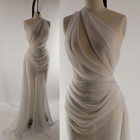 PRE-ORDER Handmade Draped off White Chiffon Sheer Mesh Wedding Reception Gown Dress Bridal - Etsy Dresses To Prom, Draped Chiffon Wedding Dress, Wrap Around Wedding Dress, White Draped Dress, Wedding Dress Draping, Draped Gown, Draping Dress Ideas, White Ethereal Dress, White Chiffon Dress