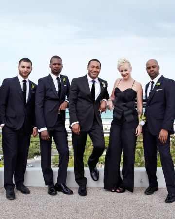 Groomsmen (and Woman). YES! Groomsmen Party, Grooms Party, Flower Girl Bouquet, Summer Wedding Decorations, Groomsmen Suits, Martha Stewart Weddings, Floral Arrangements Wedding, Groomsmen Attire, Glamorous Wedding