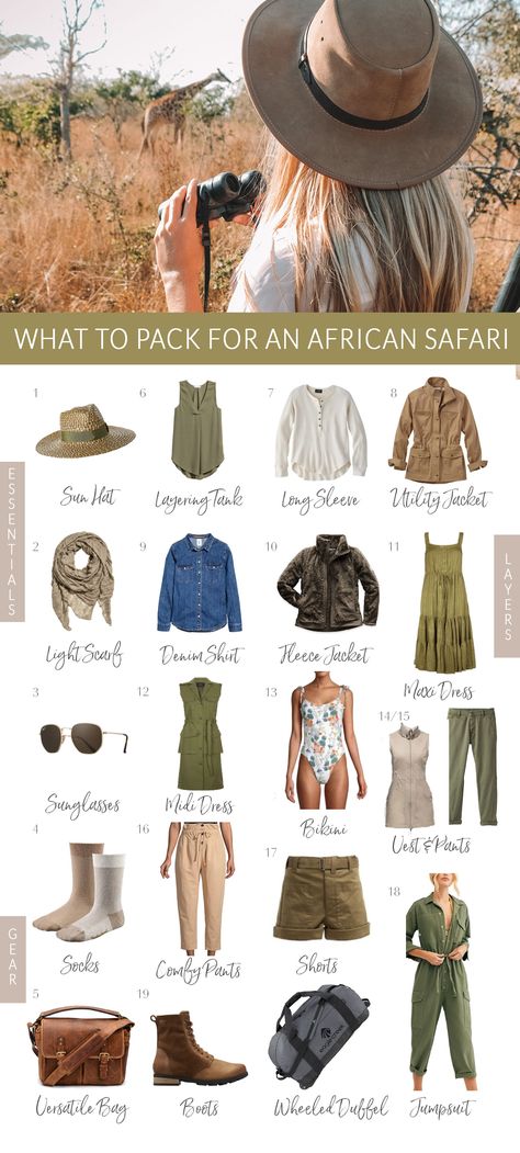 What to Wear + Pack for an African Safari // Safari Style Outfit Ideas Safari Women Outfits, African Safari Outfit, Safari Outfit Women, Moda Safari, Africa Safari Clothes, Safari Clothing, Safari Look, Blonde Abroad, Safari Trip