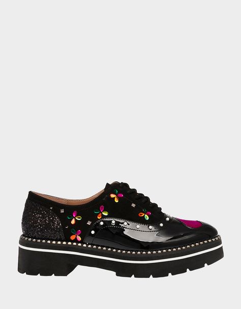 PIXXY BLACK MULTI Lace-Up Loafer | Women's Embellished Loafers – Betsey Johnson Betsey Johnson Clothes, Rhinestone Handbags, Loafers Outfit, Popular Handbags, Betsey Johnson Shoes, 5 Inch Heels, Fall Shoes, Sneaker Heels, Trendy Shoes