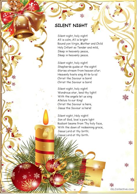 silent night: English ESL worksheets pdf & doc Silent Night Lyrics, Christmas Carols Lyrics, Christmas Songs For Kids, Night Lyrics, Christmas Cards Drawing, Christmas Songs Lyrics, Creative Worksheets, Nights Lyrics, Christmas Lyrics