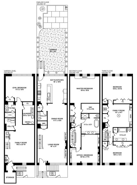 Nyc Townhouse Floor Plan, Brownstone Interiors Layout, New York Brownstone Floor Plan, Mixed Use Building Floor Plan, Warehouse Living Floor Plans, Rowhouse Floor Plan, London Townhouse Floorplan, Townhouses Floor Plan, Brownstone Interiors