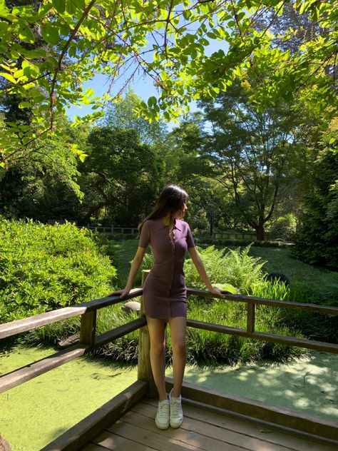 Girl in a purple aritizia dress with white sneakers in a sea of green at the botanical garden Botanical Garden Outfit, Summer Outfit Instagram, Dress With White Sneakers, Garden Outfit, Gardening Outfit, Botanical Garden, White Sneakers, Summer Outfit, Botanical Gardens