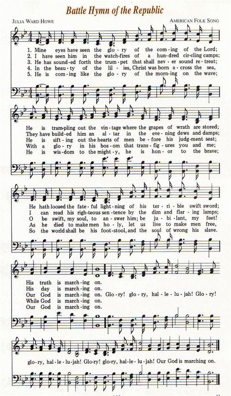 Battle Hymn Of The Republic  This will always be in my mind as my Dad's favorite song. Battle Hymn Of The Republic, Gospel Song Lyrics, Christian Hymns, Hymns Of Praise, Hymn Sheet Music, Hymn Music, Church Songs, Hymns Lyrics, Bible Songs