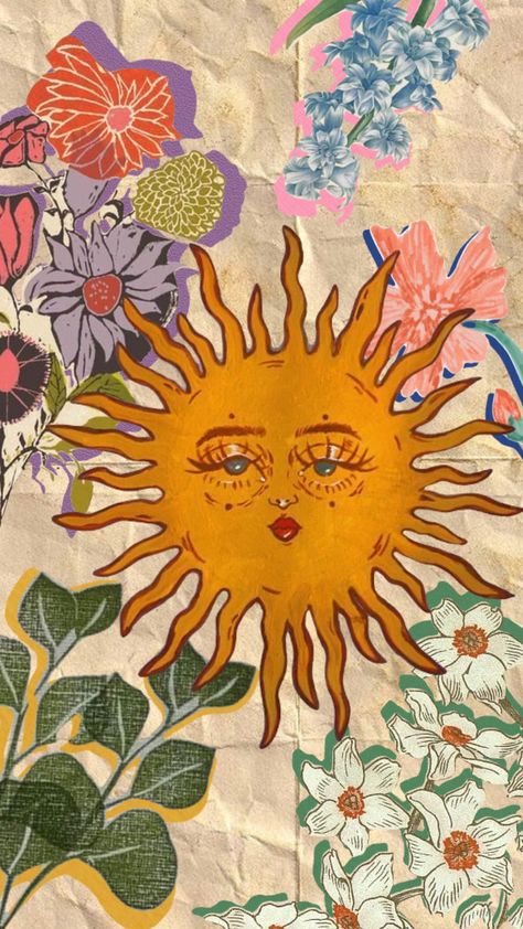 Sun Art Aesthetic, Aphrodite Flower, Vintage Sun Art, Hippie Lockscreen, Arte Hippy, Hippie Sun, Funky Flowers, Sun Vintage, Cool Vibes