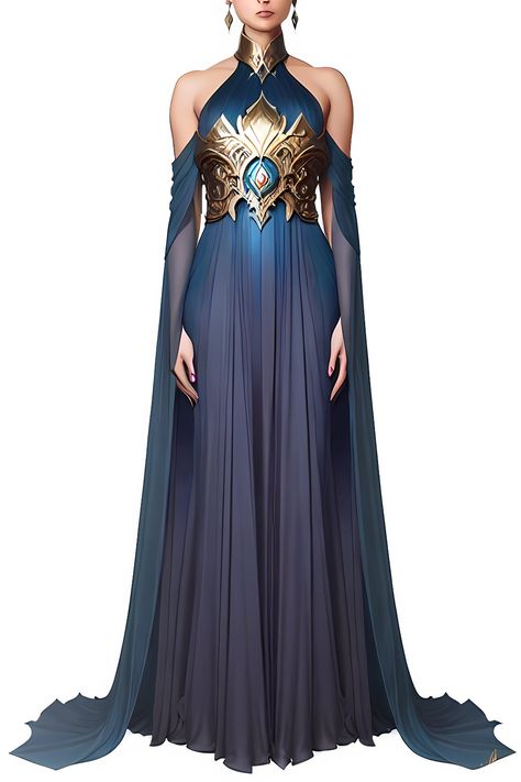 Armored Ball Gown, Blue And Gold Fantasy Outfit, Fantasy Dress With Armor, High Priestess Dress, Fantasy Royal Clothing Queens, Blue Armor Female, Dress With Armor, Blue Fantasy Outfit, Fantasy Dress Goddesses