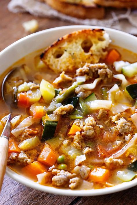 Minestrone Soup With Sausage Minestrone Soup With Sausage, Ground Italian Sausage Recipes, Ground Sausage Recipes, Baked Ziti With Sausage, Soup With Sausage, Ground Turkey Soup, Family Dinner Night, Menu Recipes, John Scott