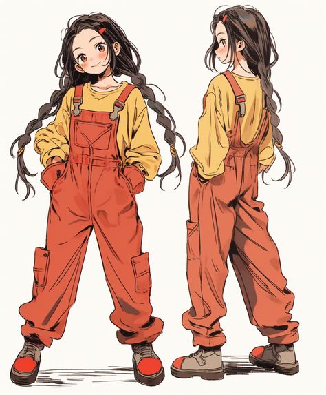 Overall Drawing Reference, Overalls Character Design, Overalls Outfit Drawing, Cheerful Character Design, Overalls Drawing, Drawing Examples, Female Character Design, Character Design References, Cute Characters