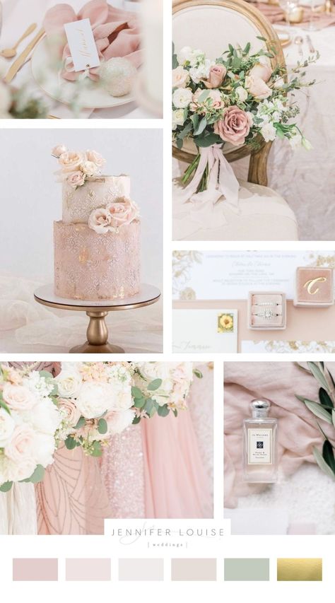 Blush pink wedding colour scheme with sage green and gold | Blush wedding inspiration with ivory and sage | View more pink wedding colour inspiration by Jennifer Louise Weddings | blush wedding bouquet | blush wedding ideas | blush pink bridesmaid dresses | blush wedding theme | pink wedding color scheme | blush sage and gold wedding | wedding colour schemes summer | pink and gold wedding theme | english country summer wedding | uk wedding planning #blushwedding #pinkwedding #springwedding Blush Pink Theme Wedding, Wedding Color Schemes Summer, Blush Wedding Theme, Wedding Color Schemes Spring, Blush Wedding Colors, Pink Wedding Colors, Wedding Color Pallet, Pink Wedding Theme, Pink And Gold Wedding