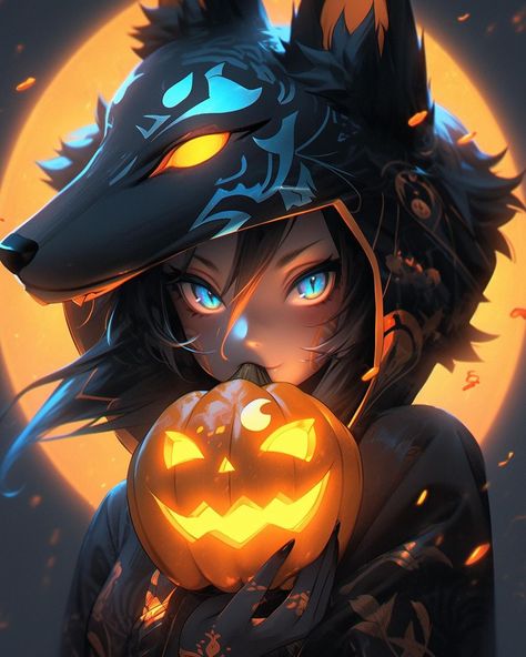 Wolf Pumpkin, Wallpaper Disney, Anime Halloween, Halloween Artwork, Anime Wolf, Anime Fnaf, A Wolf, Halloween Pictures, Cute Anime Pics