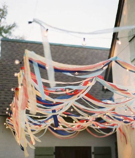 4th Of July Home Decor - Liz Marie Blog Outdoor Wedding Lights, Latino Party, Streamer Party Decorations, Backyard Party Decorations, 4th Of July Wedding, Trendy Party Decor, Backyard Bbq Party, Outdoor Party Ideas, Outdoor Dinner Parties