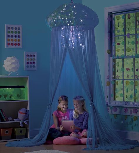 Aquaglow Light-Up Jellyfish Hideaway tent reading nook from Hearth Song Sea Theme Bedrooms, Underwater Bedroom, Sea Bedrooms, Ocean Bedroom, Mermaid Bedroom, Ocean Room, Mermaid Room, Themes Ideas, Teen Girl Bedroom