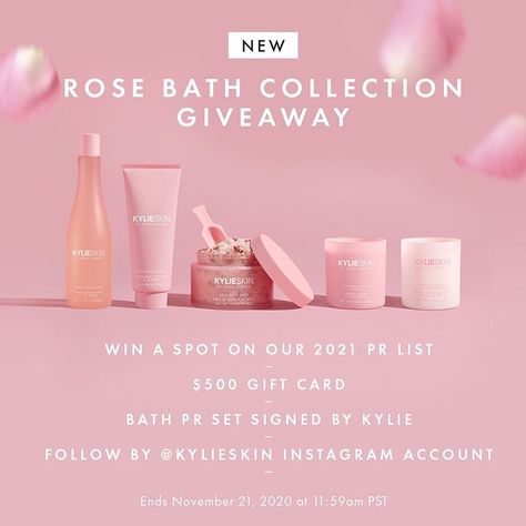 Kylie Skin by Kylie Jenner no Instagram: “GIVEAWAY! ✨ Want to win a spot on our 2021 PR list, a $500 Kylie Skin gift card, a Rose Bath Collection PR box signed by @kyliejenner and a…” Pr List, Cosmetic Web, Cosmetics Advertising, Makeup Giveaway, Education Poster Design, Kylie Skin, Cosmetic Labels, Social Media Advertising Design, Rose Bath