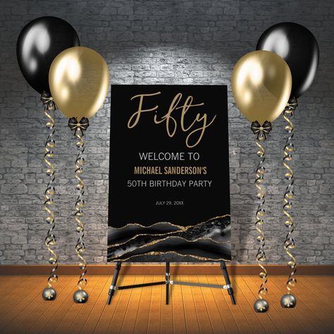 Welcome Party Decorations Ideas, 50th Birthday Party Decoration Ideas, Black Gold 50th Birthday Party, 75 Birthday Party Ideas Mom, 50th Birthday Decoration Ideas For Men, 60th Birthday Black And Gold Theme, Gold Party Decorations Diy, 50th Birthday Party Signs For Men, Black And Gold 50th Birthday Backdrop