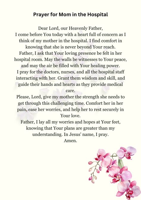 When your mom is in the hospital, it's hard to know what to say. Find comfort and strength through prayer. This 'Prayer for Mom in the Hospital' will help you ask for Divine guidance and healing. 🙏 #PrayerForMomInTheHospital Hospital Prayers Quote, Prayers For Sick Mother, Healing Prayer For My Sick Mother, Prayers For Mom In Hospital, Prayers For Someone In The Hospital, Prayer For Moms Health, Prayers For Health And Healing For Mom, Hospital Quotes Strength, Prayer For Sick Family Member