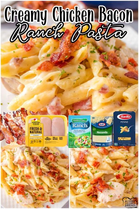 Chicken Bacon Ranch Pasta made with simple ingredients for an easy, flavorful weeknight dinner! Creamy, cheesy chicken pasta with bacon. Creamy Chicken Bacon Ranch Pasta, Chicken Pasta With Bacon, Chicken Bacon Ranch Bake, Creamy Cheesy Chicken, Pasta With Bacon, Bacon Ranch Pasta, Cheesy Chicken Pasta, Chicken Bacon Pasta, Chicken Ranch Pasta