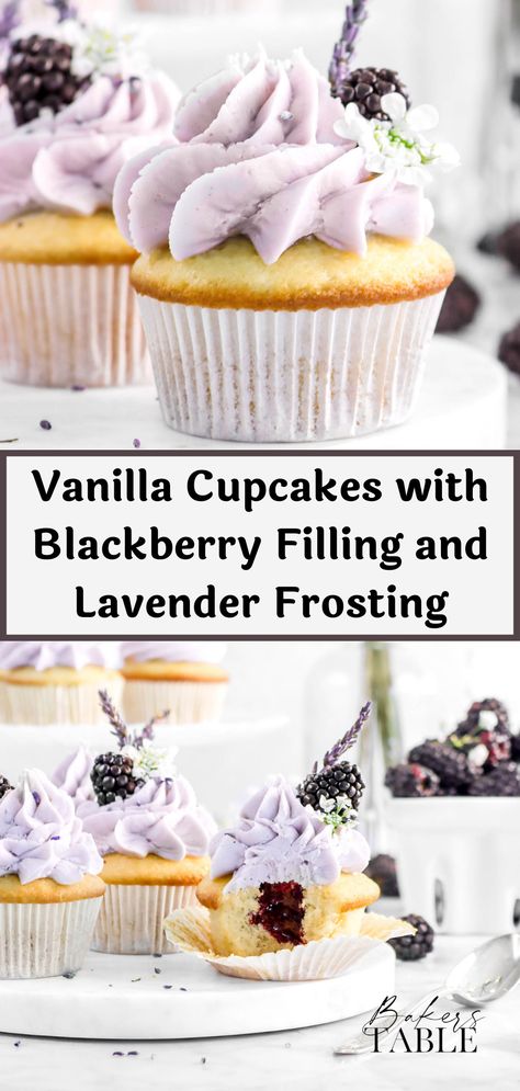 Lavender Cream Cheese Frosting, Blueberry Filling For Cupcakes, Blackberry Lavender Cupcakes, Lavender Blackberry Cake, Lavender Frosting Recipe, Grape Cupcakes, Whimsical Baking, Floral Desserts, Lemon Lavender Cupcakes