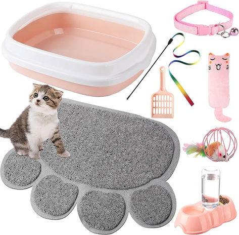 7 Pcs Small Cat Kitten Starter Kit Cat Litter Box with Shovel Cat Paw Litter Mat Double Automatic Cat Bowls Cat Toy Teaser Stick Cat Collar Essentials Kits for 1-3 Lbs Beginner (Light Pink,Stylish) Kitten Supplies, Litter Mat, Small Kittens, Cat Essentials, Orange Kittens, Mouse Toy, Small Cat, Baby Kittens, Cat Litter Box