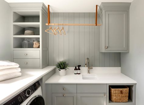 Sarah Richardson Laundry Room, Laundry Room With Gold Hardware, Semihandmade Laundry Room, Laundry Room Shoot Ideas, Vertical Shiplap Laundry Room, Laundry Room Powder Room Combo, Laundry Room With Desk, Laundry Room Coastal, Beige Laundry Room