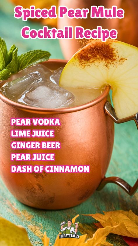 Discover the perfect Spiced Pear Mule Cocktail Recipe for your fall gatherings! This delightful twist on the classic Moscow Mule combines the warmth of spiced pears with zesty ginger beer, making it an ideal choice for Christmas party drinks. Elevate your celebrations with this unique cocktail recipe that embodies the essence of fall. Perfect for cozy evenings and festive occasions, this Pear Moscow Mule is a must-try for any cocktail lover. Pear Moscow Mule, Holiday Rum Drinks, Christmas Signature Cocktail, Spiced Pears, Fruity Mixed Drinks, Unique Cocktail Recipes, Thanksgiving Cocktail Recipes, Christmas Party Drinks, Christmas Drinks Recipes