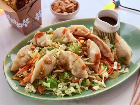 Potluck Potsticker Salad Potsticker Salad, Mint Hot Chocolate, Miso Caramel, Sesame Sticks, Frozen Dumplings, Caramel Ice Cream, Romaine Lettuce Salad, Cookie Swap, Shredded Carrot