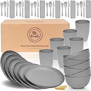 FOODLE Wheat Straw Dinnerware Sets for 6 - Lightweight & Unbreakable - Microwave & Dishwasher Safe - Perfect for Picnic, Dorm, RV Dishes - Camping Plates Cups and Bowls Set - Great for Kids & Adults Rv Dishes, College Dorm Necessities, Rv Essentials, Dorm Necessities, Camping Plates, Camping Dinner, Microwave Dishes, Plastic Dinnerware Sets, Camping Dishes