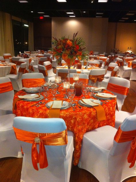 Elegant Orange Wedding/Creations Unlimited -Sharon Guillory Orange White Gold Wedding, Orange Gold And White Birthday Party, 50 Shades Of Orange Party Ideas, Orange White And Silver Party Decorations, Shades Of Orange Party Decor, Orange And White Wedding Decorations, Orange Prom Decorations, Orange Quinceanera Theme, Orange Decorations Party