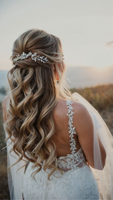 Wedding Half Braid Hairstyles, Wedding Hair With Fresh Flowers, Bridal Hairstyles With Hairpiece, Wedding Hair With Hair Piece And Veil, Hairstyles For Bride Half Up Half Down, Bride Hair For Long Hair, Wedding Hair Light Brown, Cowgirl Wedding Hairstyles, Wedding Hairstyles With Hair Vine