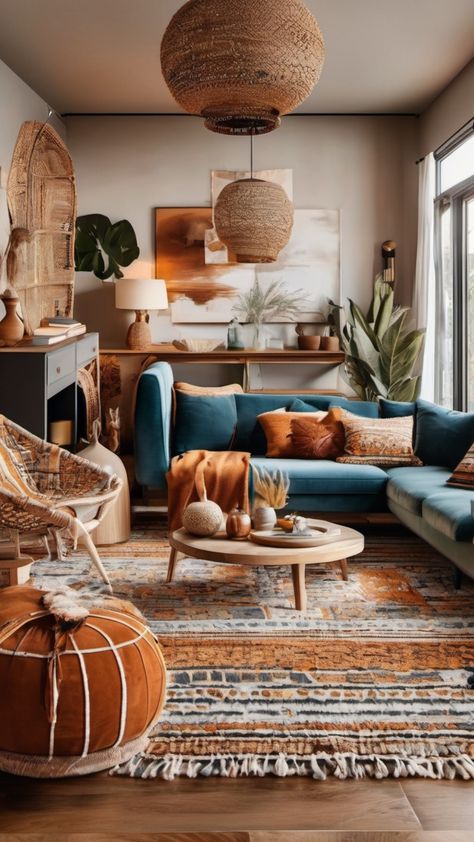 Boho Living Room Blue Walls, Blue Couch Boho Living Room, Contemporary Boho Living Room Decor, Southwest Living Room, Moon Pottery, Boho Decorating, Living Room Design Boho, Boho Living Room Inspiration, Blue Couch