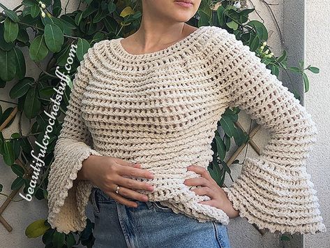 Share a Pattern – The best patterns, every day. Sweater Free Pattern, Flare Sleeves Pattern, Crocheted Clothes, Flare Sleeve Sweater, Bag Tutorials, Simple Scarf, Crochet Sweater Pattern Free, Sleeves Sweater, Crochet Tops Free Patterns