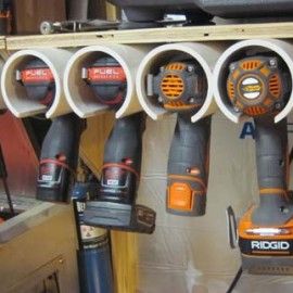 Shop time can be hard to come by during the holidays. Here's a good cheap project for a clever drill storage solution. Read on for the HowTo. Power Tool Storage, Shed Organization, Garage Tool Storage, Workshop Organization, Diy Workshop, Garage Tools, Shop Storage, Cordless Tools, Shop Organization