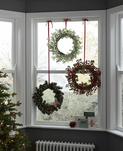 43 Christmas Window Decor Ideas: The Pain-Free Guide Christmas Wreaths For Windows, Christmas Window Display, Christmas Wreaths & Garlands, Christmas Window Decorations, Unique Christmas Decorations, Christmas Interiors, White Christmas Decor, Hanging Wreath, Indoor Christmas Decorations