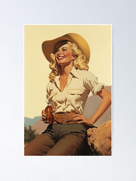 Vintage Cowgirl Poster, Old Western Posters, Cowgirl Vintage Illustration, Vintage Cowgirl Painted Cowgirl Western Store, Rodeo Illustration Vintage, Dorm Art, Cowgirl Art, Western Women, Vintage Cowgirl