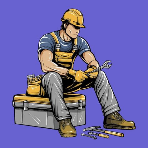 Vector vector labour man sit on the box | Premium Vector #Freepik #vector Engineer Cartoon, Handyman Logo, Cartoon Banana, Motorcycle Tattoos, The Box, Premium Vector, Labor, Vector Art, Desi