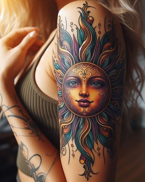 Men’s Tatoos Ideas Arm, Womens Back Of Arm Tattoo, Sun Heart Tattoo, Feminine Sun Tattoo, Sweet Tattoos For Women, Colorful Sun Tattoo, Sun Tattoo Designs For Women Beautiful, Cover Up Tattoo Designs For Women, Sun Tattoos For Women