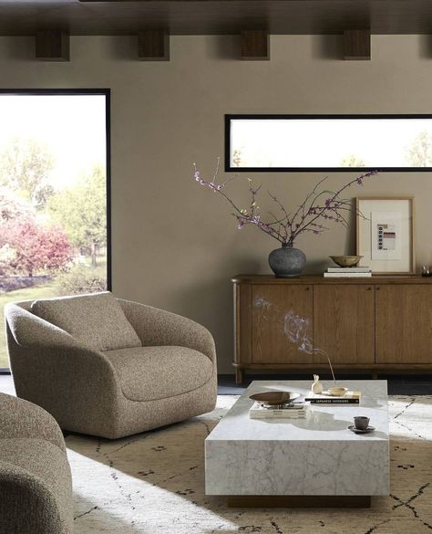 Our take on modern design makes a statement with bold, exaggerated scale, balanced with the influences of nature. Look for materials like… | Instagram Marble Coffee Table Decor, Marble Coffee Table Living Room, White Marble Coffee Table, Coffee Table Living Room, Wide Sideboard, Matching Furniture, Oak Sideboard, Table Living Room, Coffee Table White