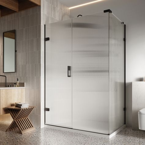 Liberty Hinged Door with in-line panel with fluted glass Half Glass Shower Door, Modern Exterior Door, Glass Bathroom Door, Exterior Door Styles, Glass Shower Wall, Glass Shower Doors Frameless, Traditional Bathroom Designs, Reeded Glass, Tub Shower Doors