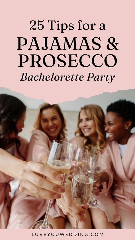 Planning a pjs and prosecco bachelorette party? We’re sharing the best pajamas and prosecco bachelorette party ideas, games, décor, invites, outfits, and more! This is the perfect bachelorette party theme that the bride and guests will love. Pjs And Processo Theme, Pjs Pizza And Prosecco, Bachelorette Party Pajamas, Pj And Prosecco Bachelorette, Slumber Party Bachelorette Ideas, Pj Bachelorette Party, Spa Themed Bachelorette Party, Pjs And Prosecco Party, Pajama Bachelorette Party