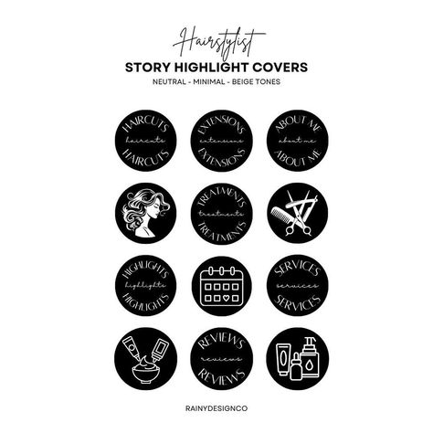 Check out these black and white highlight icon covers made for hairstylists and salon owners! Hairstylist Highlight Covers, Ig Highlight, Formal Hair, White Highlights, Jpeg Images, Neutral Aesthetic, Salon Owners, Instagram Highlight Covers, Hair Salons