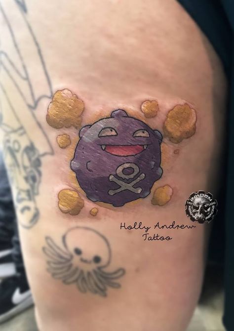 Holly has ticked off another Pokemon from her list, Koffing! Lots of Pokemon are still available, but be sure to book in to secure your favourite! Koffing Pokemon Tattoo, Pokemon Tattoo, Tattoo Styles, Traditional Tattoo, Paw Print Tattoo, Cartoon Styles, Sleeve Tattoos, Tatting, Pokemon