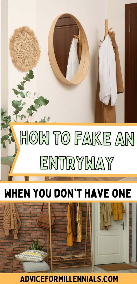 How to fake an entryway when you don't have one Apartment Small Entryway Ideas, Small Apartment Foyer Ideas, Condo Front Entry, Front Entrance Small Space, Small Space Behind Front Door, Entryway For Small Apartment, No Space Entryway, Simple Functional Entryway, Entryway Mirror Ideas Small Spaces