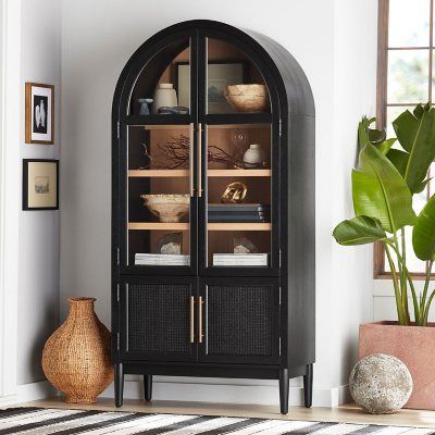 Member's Mark Enzo Bookcase Storage Cabinet With Rattan Cabinet Doors, Black Finish - Sam's Club Rattan Cabinet Doors, Black Display Cabinet, Rattan Cabinet, Wide Bookcase, Salon Suites, Organization Furniture, Tempered Glass Door, Cabinet Door Handles, Inspire Me Home Decor