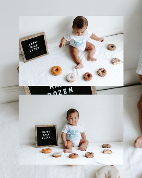 Half Dozen Baby Photoshoot, Happy Half Dozen 6 Months, Half Dozen Birthday Photo, Half Dozen Birthday, Half A Dozen Donuts For 6 Months, Outside Baby Pictures, Half Dozen Photo Shoot, Half Birthday Ideas For Boys Photoshoot, Happy Half Dozen